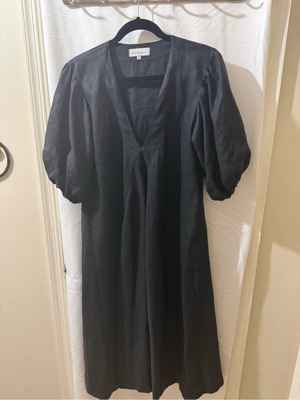 LJC Designs Black V-Neck Linen-Blend Midi Dress with Puff Shoulders runs large